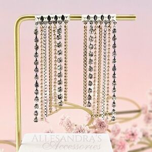 All Saints Earrings Silver & Gold Tone Crystal Fringe Statement Crawler Boho